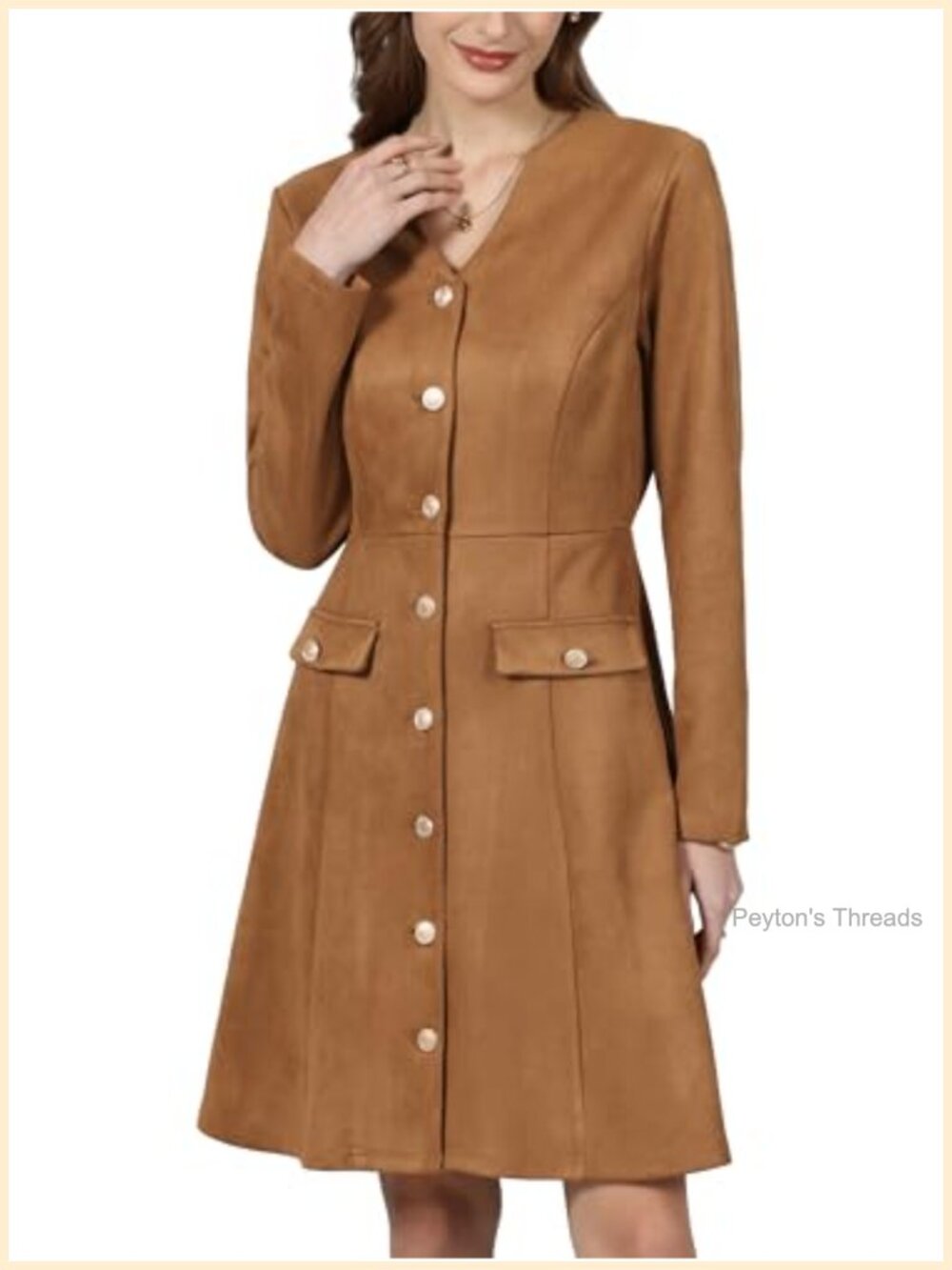 Faux Suede Midi Dress Button Down V Neck Long Sleeve A-Line Semi-Formal
